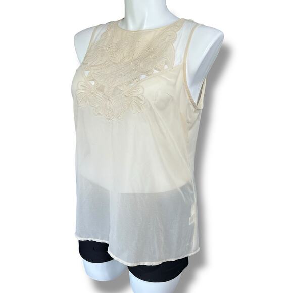 Kenar Womens Sheer Blouse Tank Top Embroidered Floral Design Button Down Beige - Picture 6 of 9
